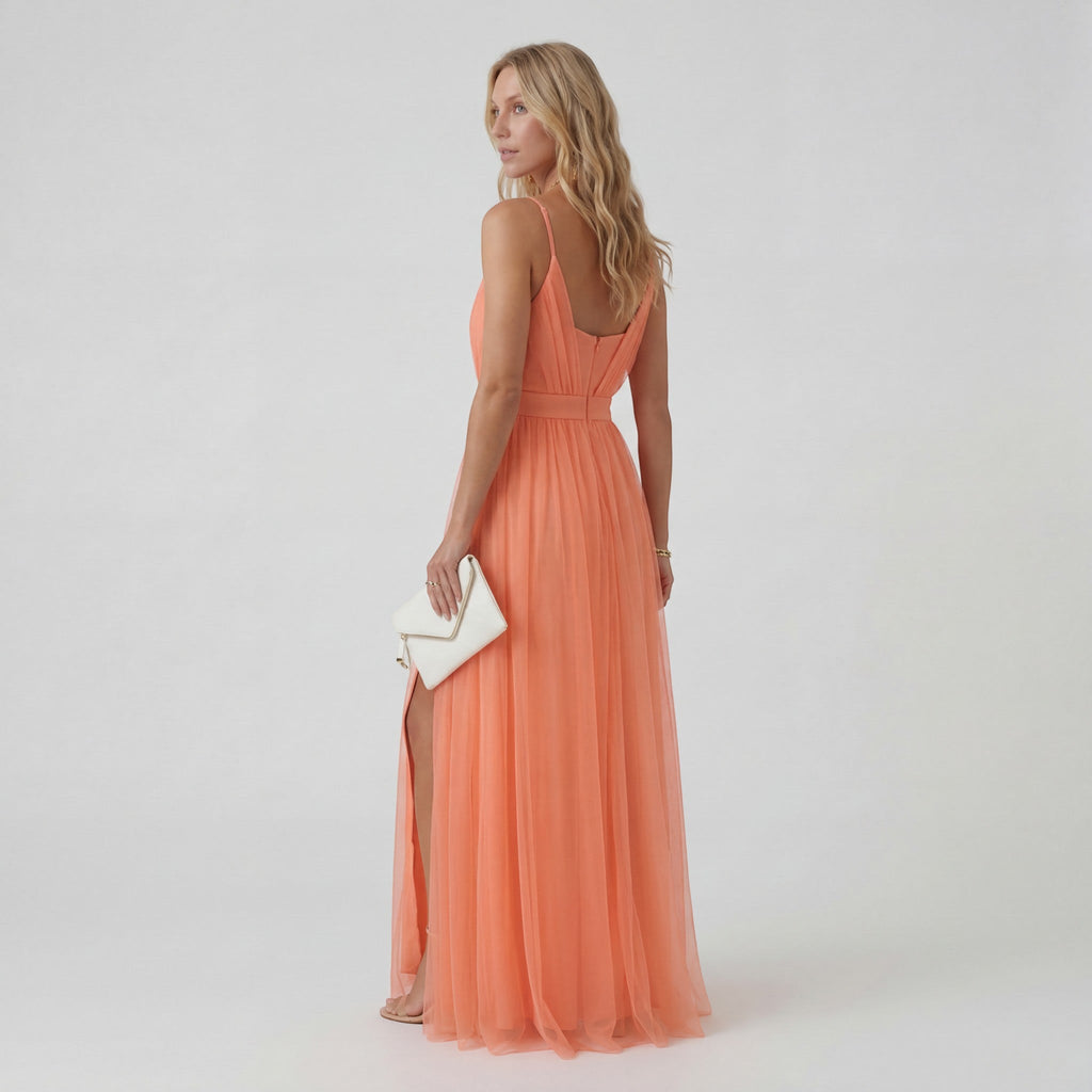Women’s V-Neck Maxi Dress – Fitted Waist, Fluid Skirt | Airy Peach Draped Fabric