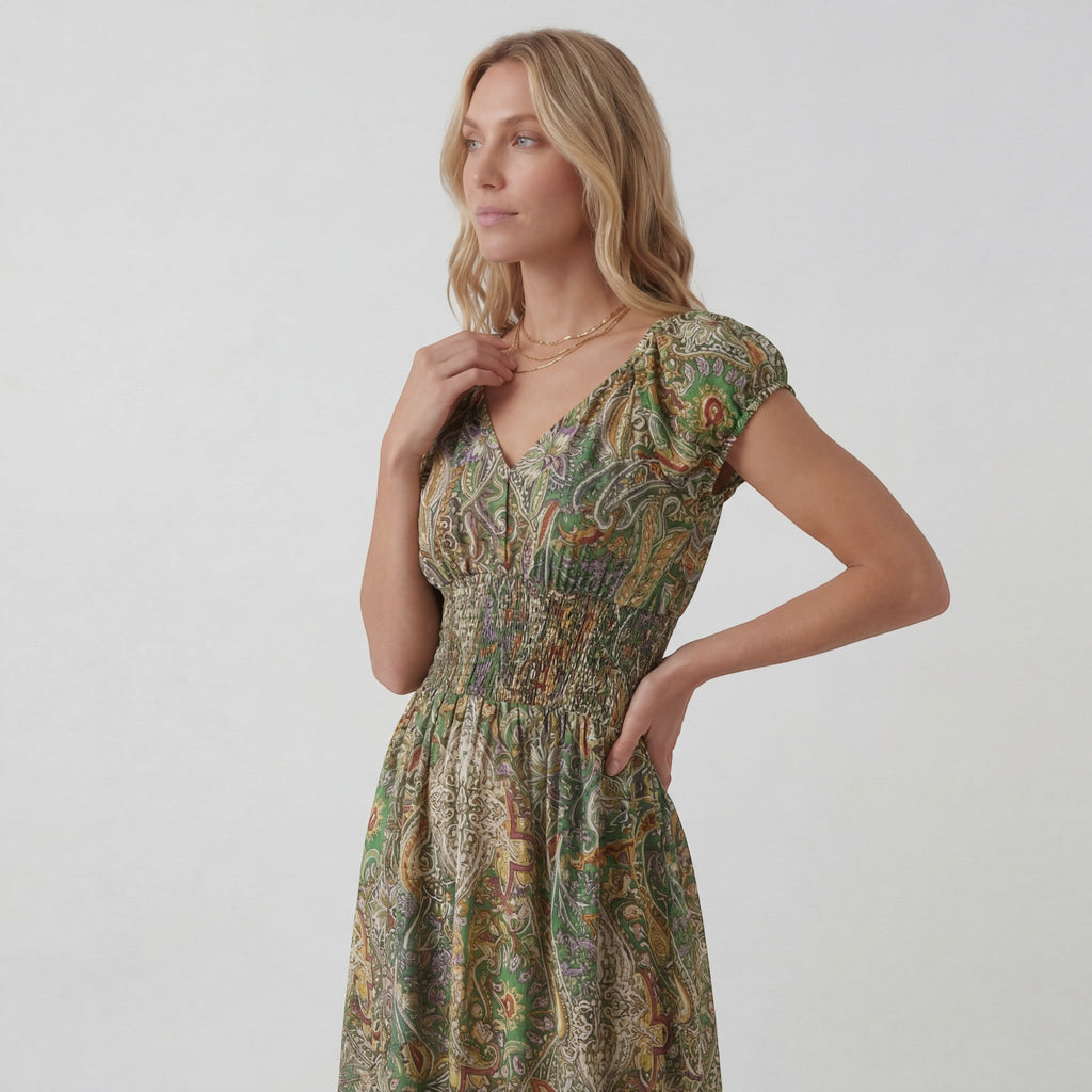 Women’s Bohemian V-Neck Maxi Dress – Relaxed Fit Fluid Skirt | Lightweight Woven Fabric