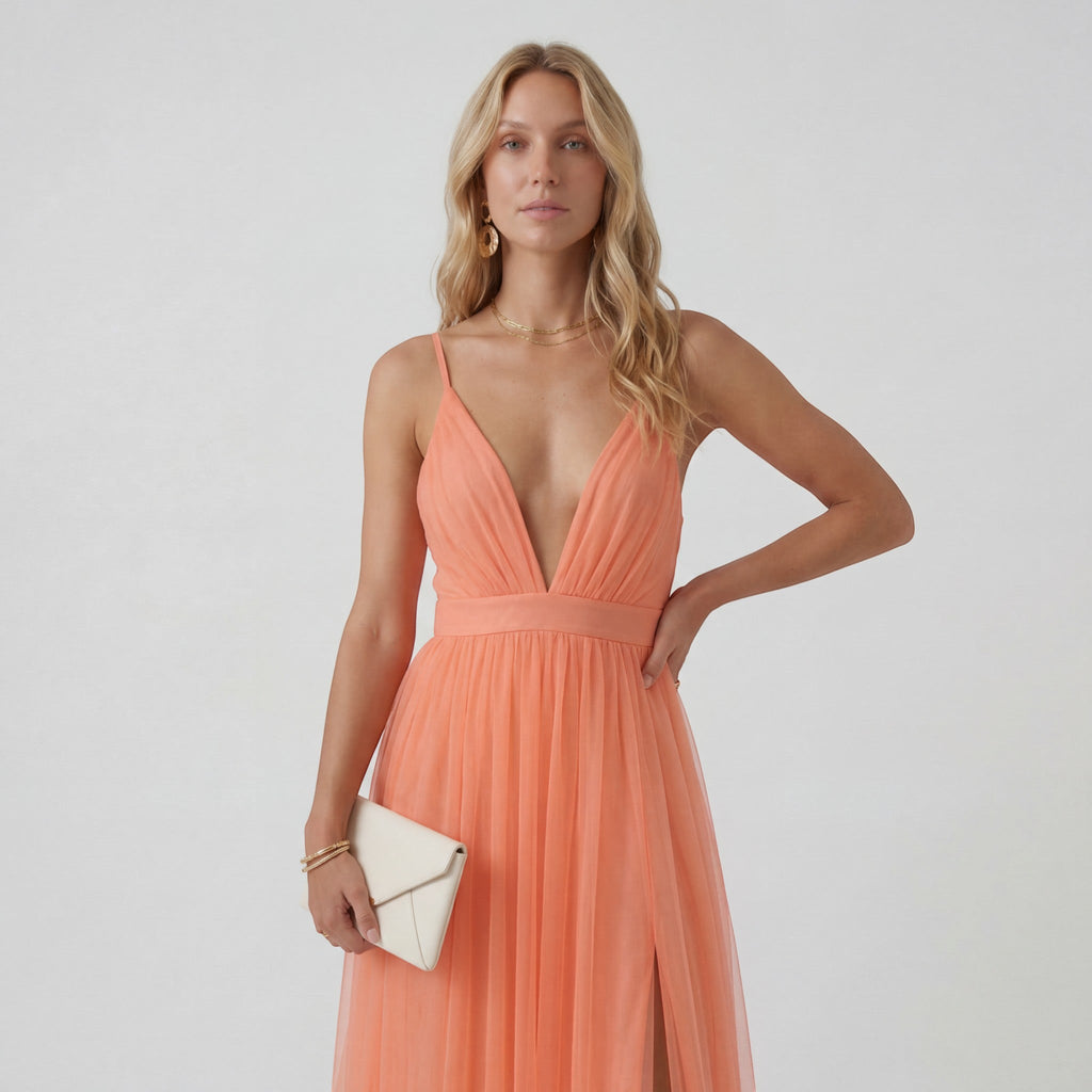 Women’s V-Neck Maxi Dress – Fitted Waist, Fluid Skirt | Airy Peach Draped Fabric