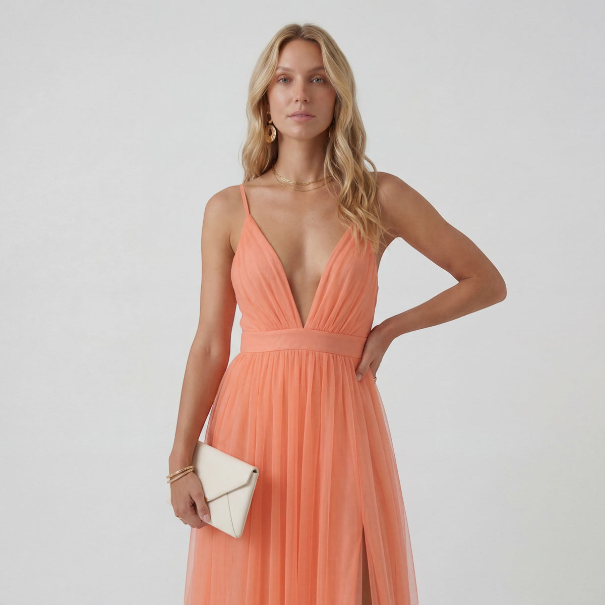 Women’s V-Neck Maxi Dress – Fitted Waist, Fluid Skirt | Airy Peach Draped Fabric