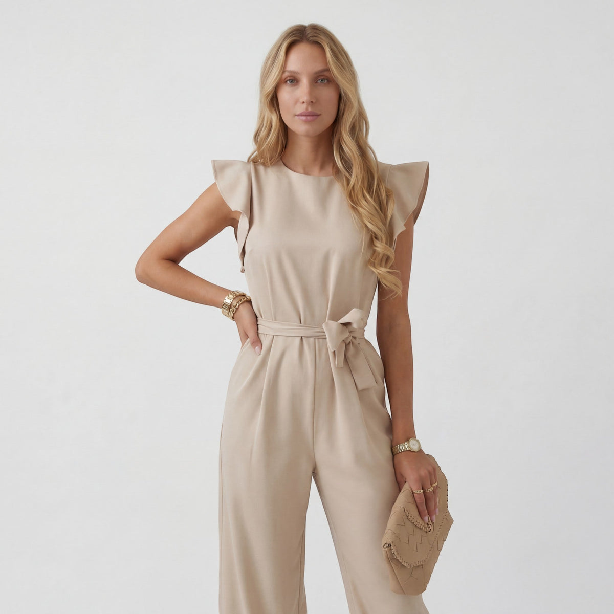 Women’s Wide-Leg Jumpsuit – High Waist with Tie Belt | Fluid Draped Woven Fabric