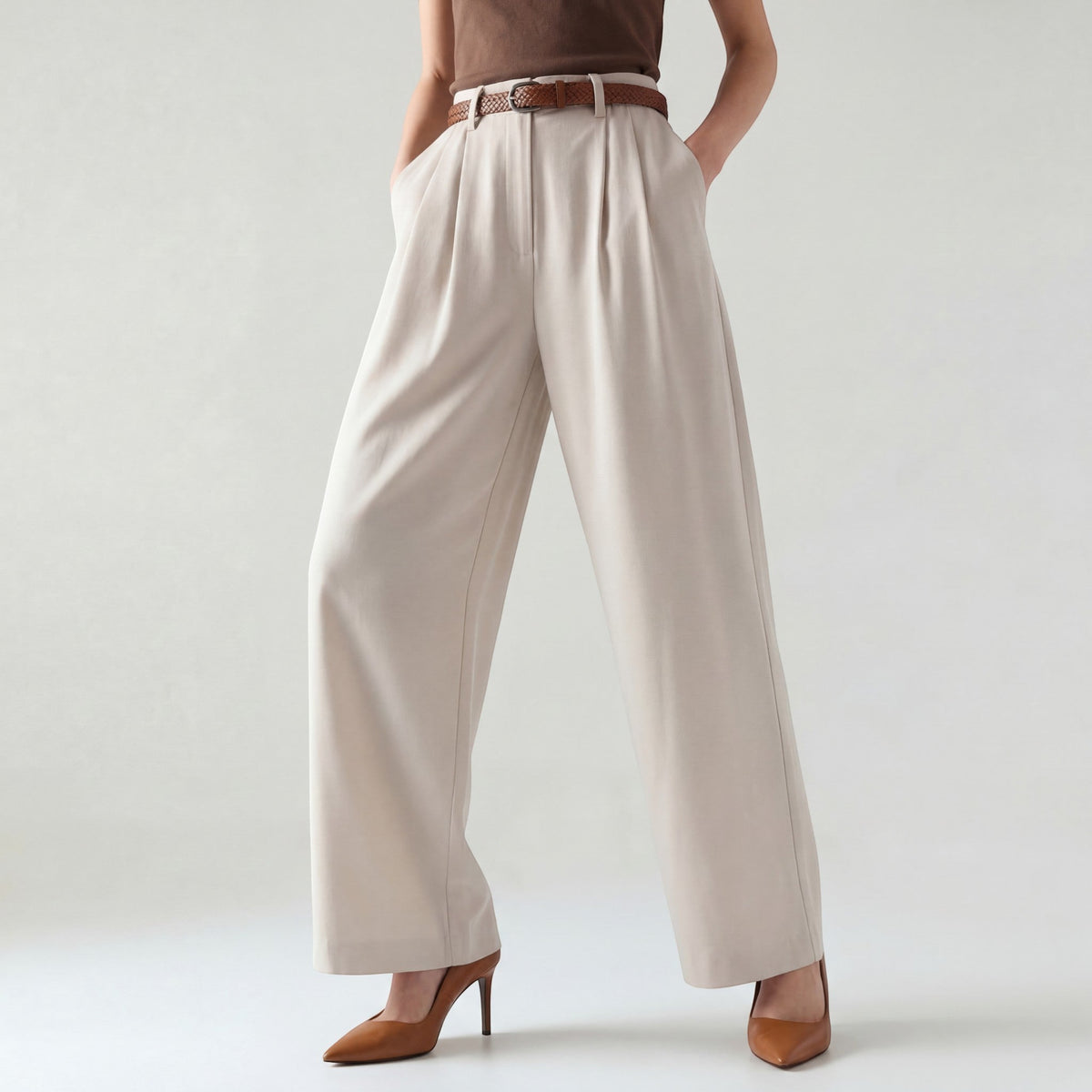 Women's High-Waisted Wide-Leg Woven Trousers – Flattering Fit