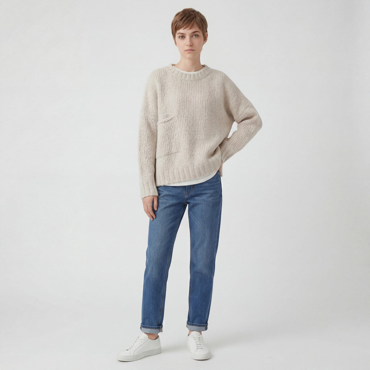 Women’s Crew Neck Knitted Jumper – Relaxed Loose Fit | Textured Acrylic