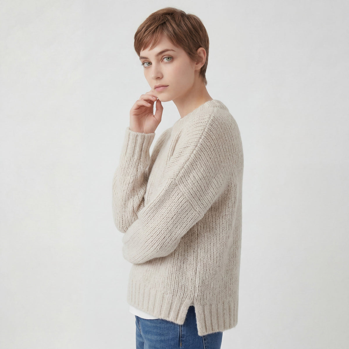 Women’s Crew Neck Knitted Jumper – Relaxed Loose Fit | Textured Acrylic