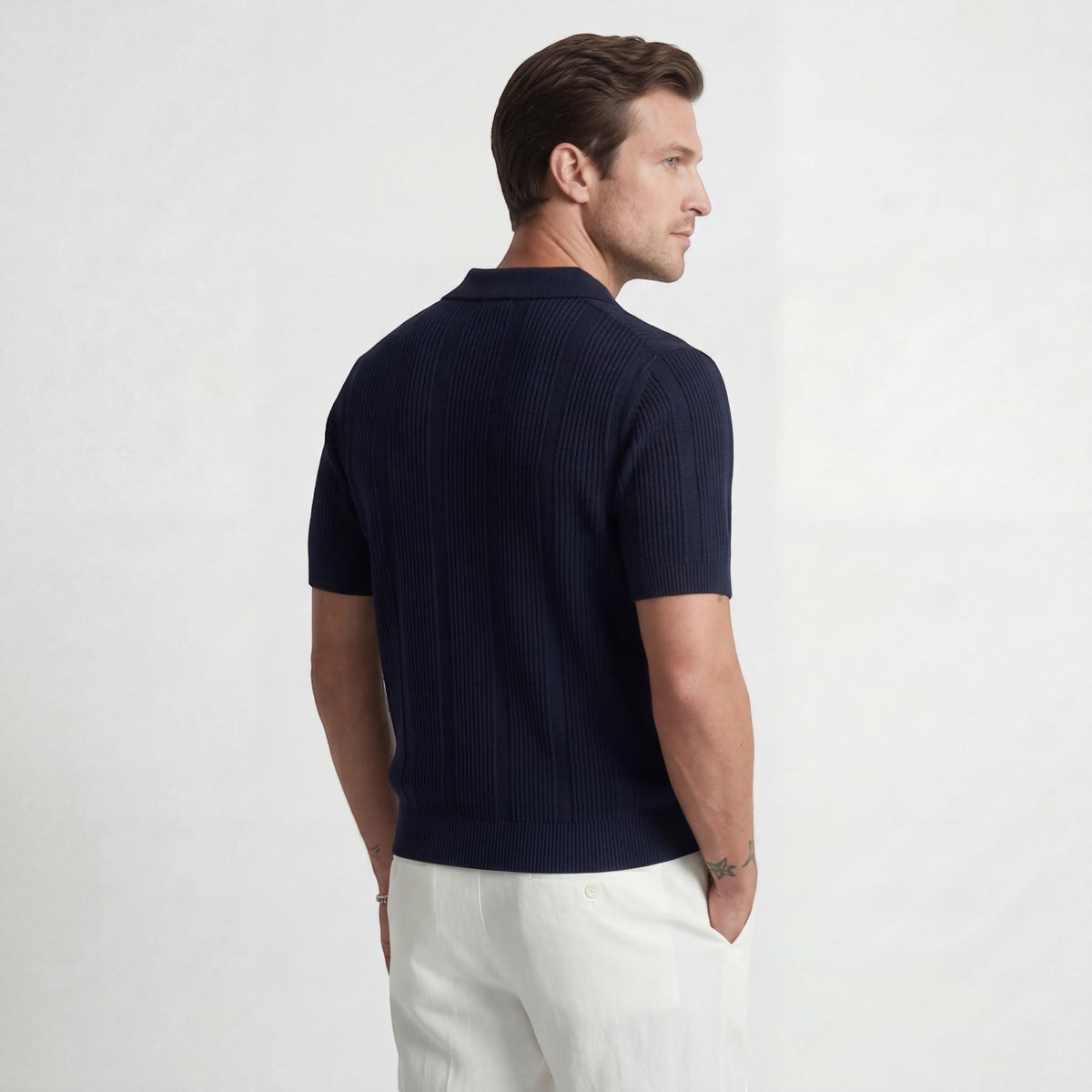 Men's Breathable Knit Polo – Airy Openwork Texture