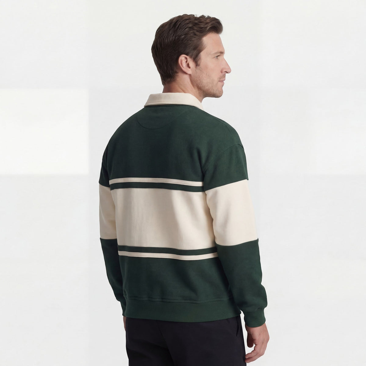 Men's Cotton-Blend Sweatshirt – Striped Pattern Relaxed Fit Polo Collar