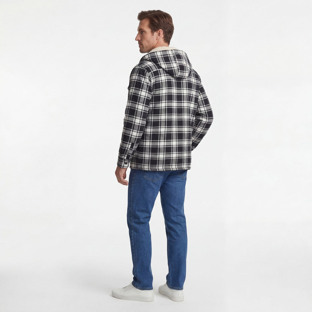 Men's Cotton-Blend Hooded Jacket – Checked Fleece Lining
