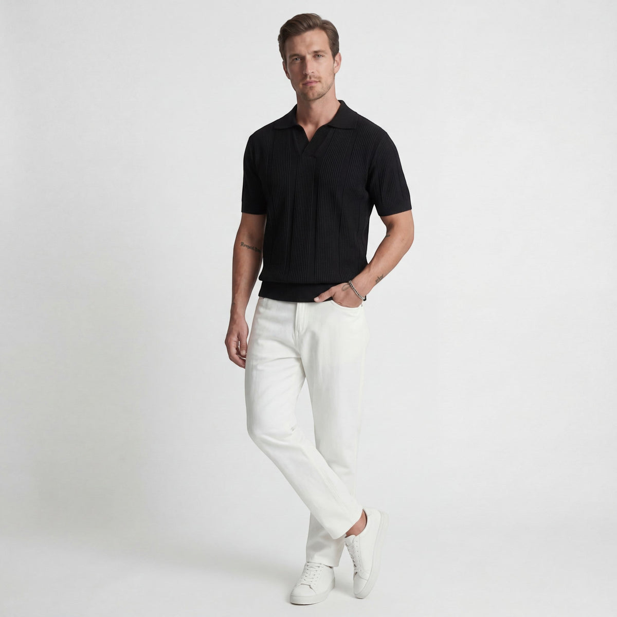 Men's Breathable Knit Polo – Airy Openwork Texture