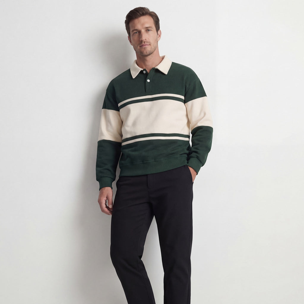 Men's Cotton-Blend Sweatshirt – Striped Pattern Relaxed Fit Polo Collar
