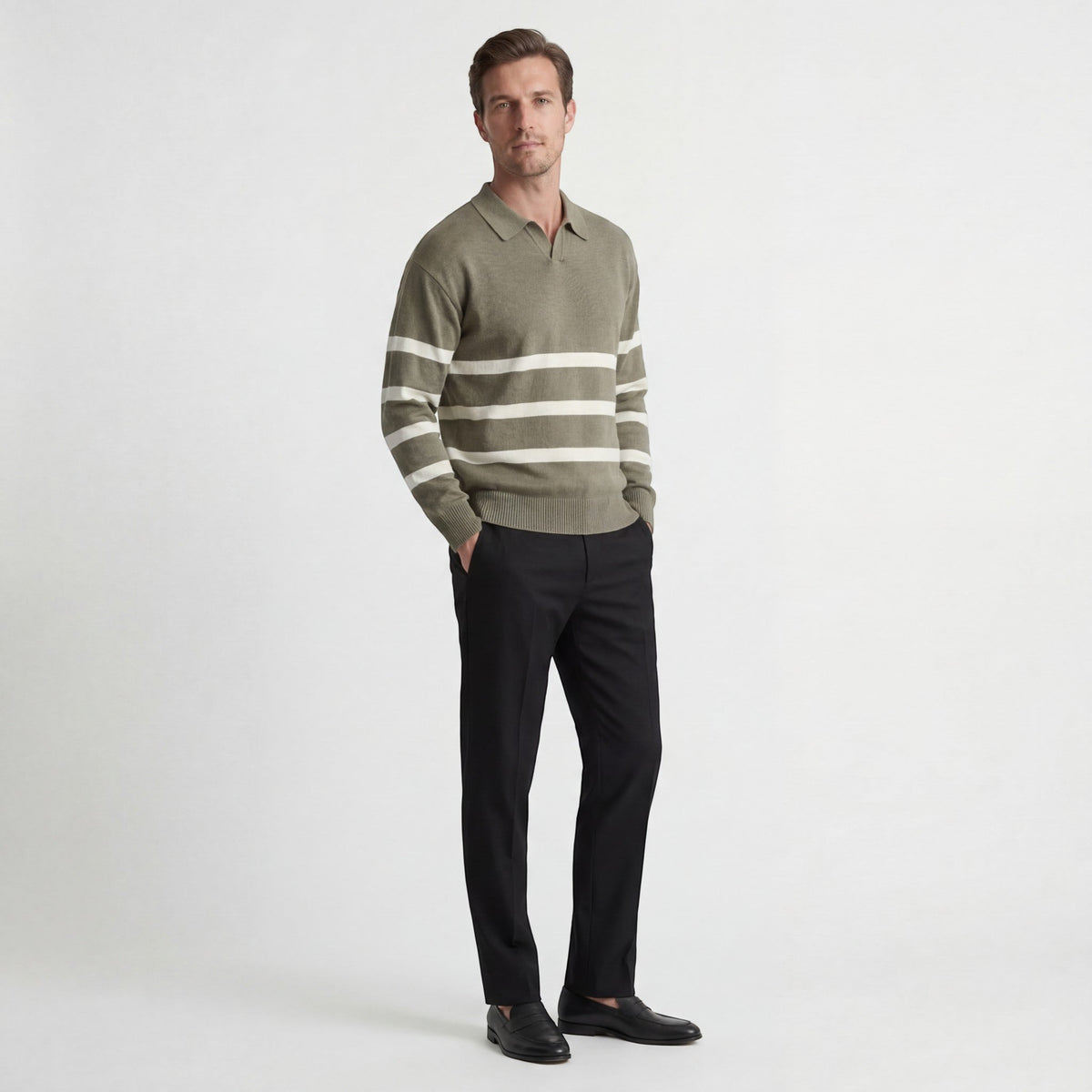Men's Mixed Cotton Polo – Long Sleeve Polo with Contrasting Stripes