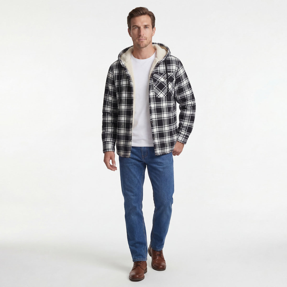 Men's Cotton-Blend Hooded Jacket – Checked Fleece Lining
