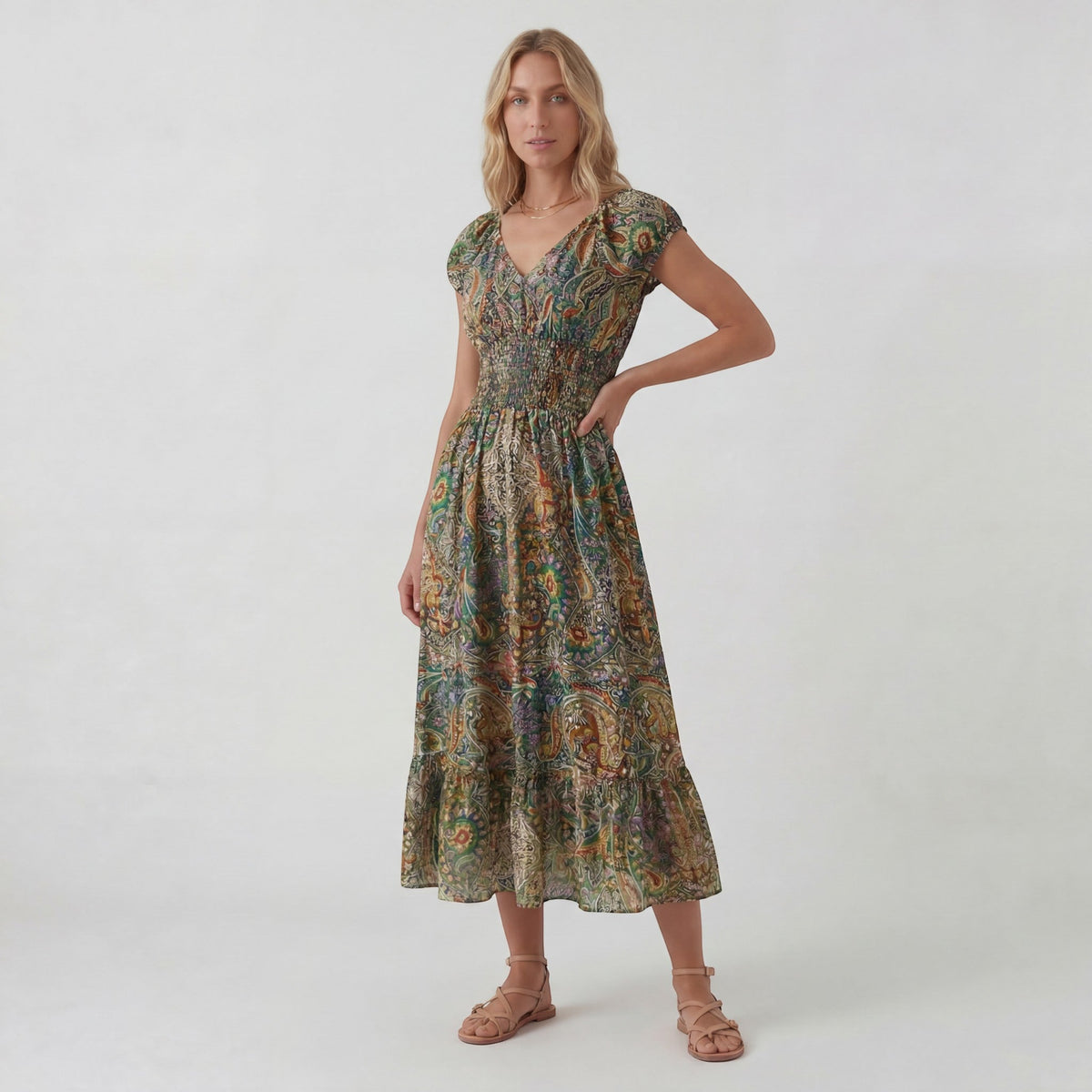 Women’s Bohemian V-Neck Maxi Dress – Relaxed Fit Fluid Skirt | Lightweight Woven Fabric