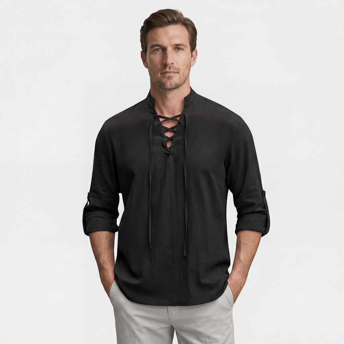 Men's linen stand-up collar lace-up shirt – Relaxed fit