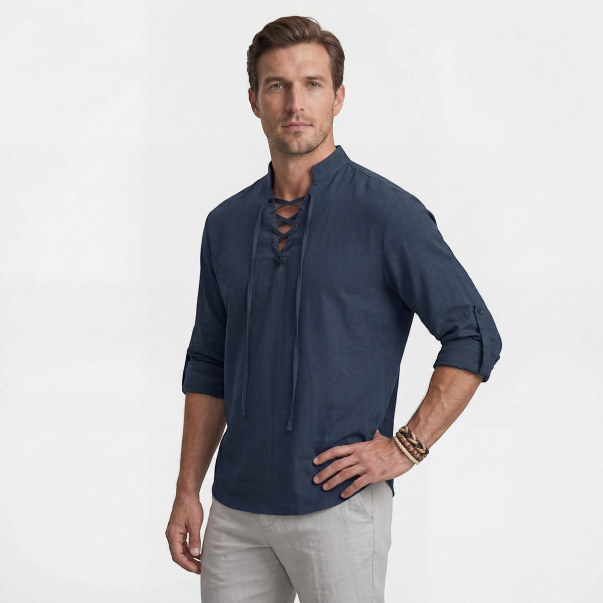 Men's linen stand-up collar lace-up shirt – Relaxed fit