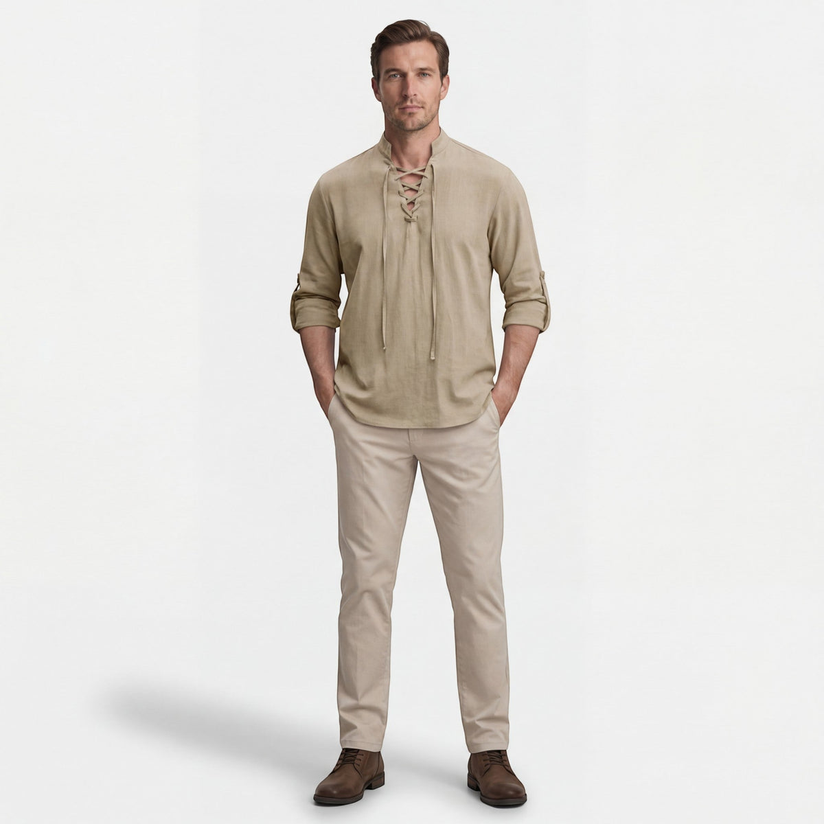 Men's linen stand-up collar lace-up shirt – Relaxed fit