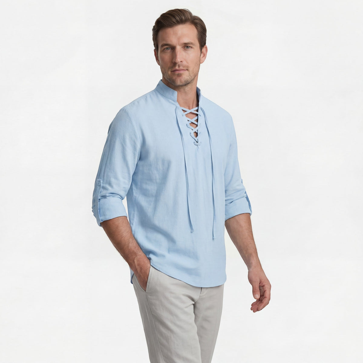 Men's linen stand-up collar lace-up shirt – Relaxed fit
