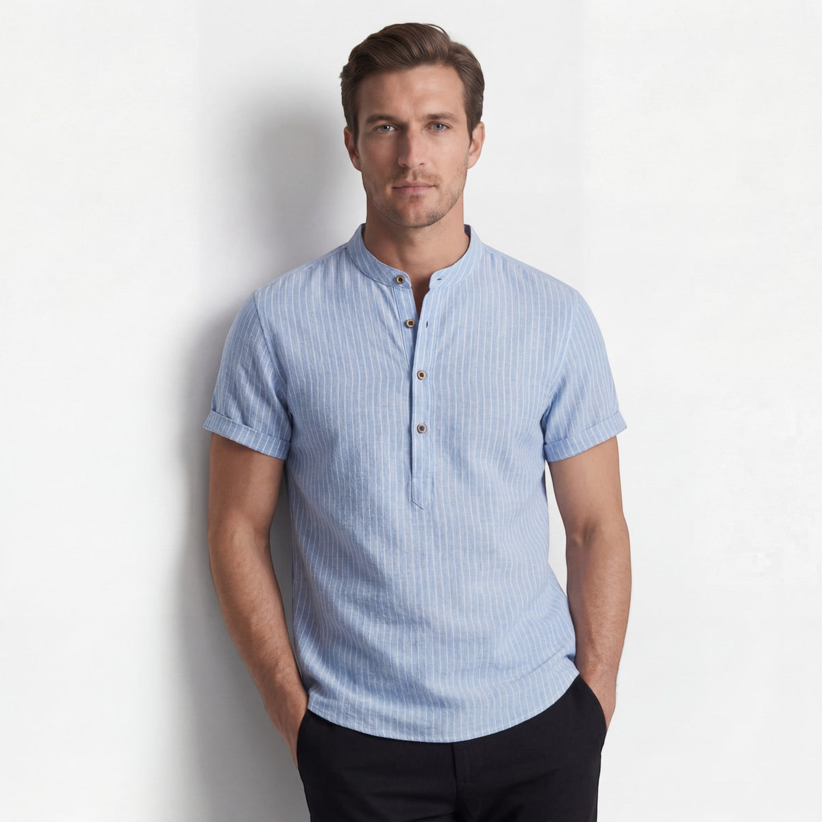 Men's short-sleeved linen shirt – Loose fit, striped