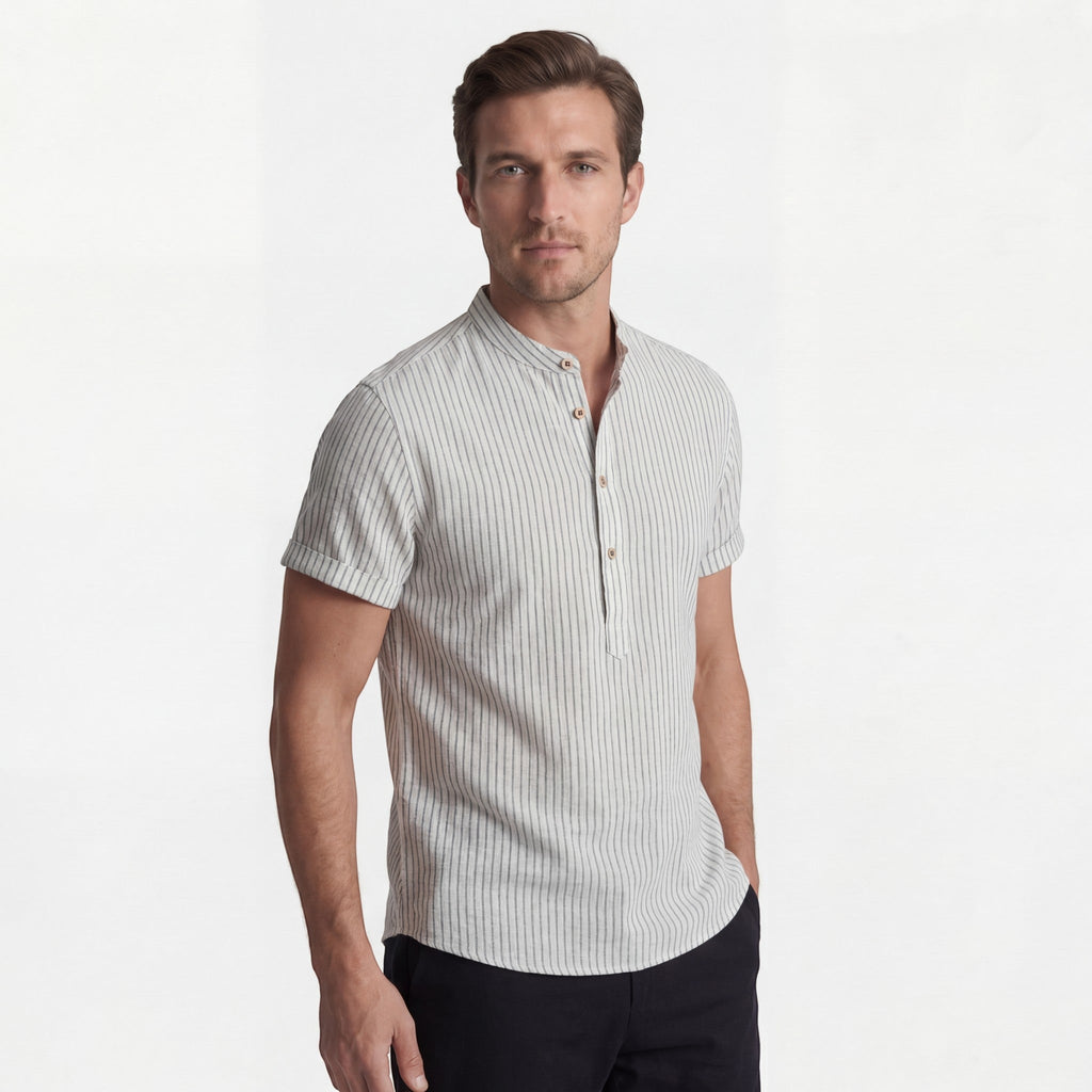 Men's short-sleeved linen shirt – Loose fit, striped