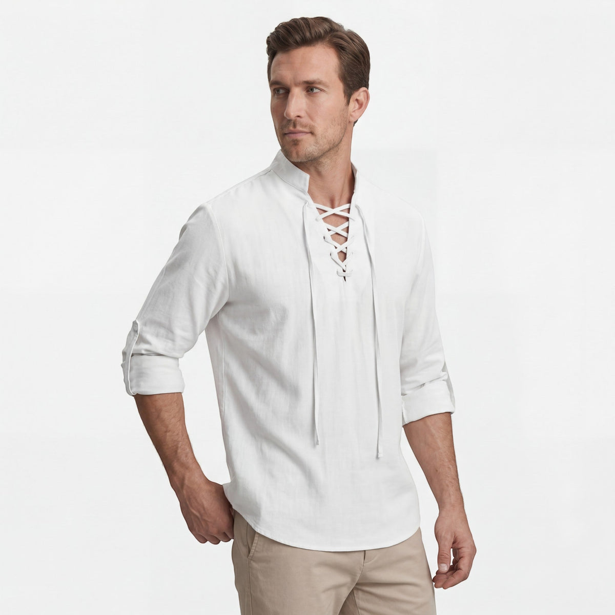 Men's linen stand-up collar lace-up shirt – Relaxed fit