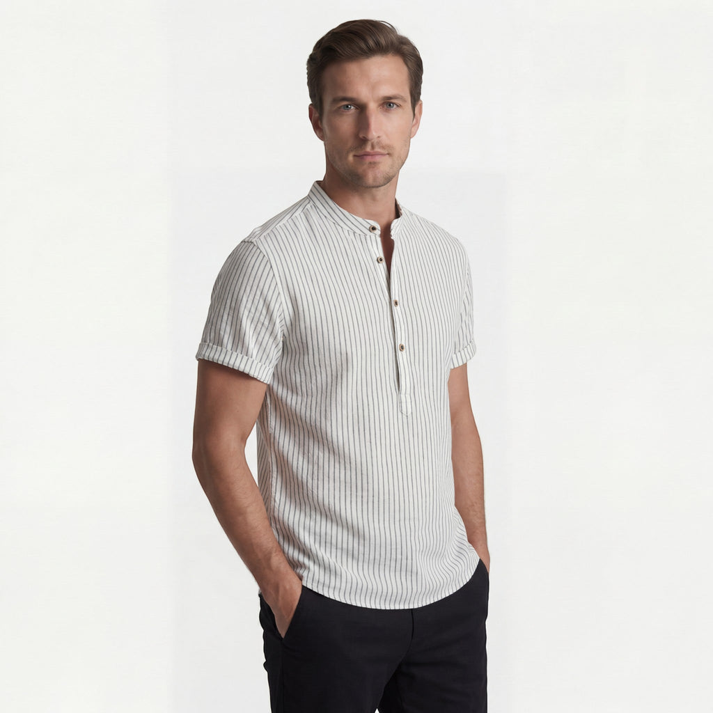Men's short-sleeved linen shirt – Loose fit, striped