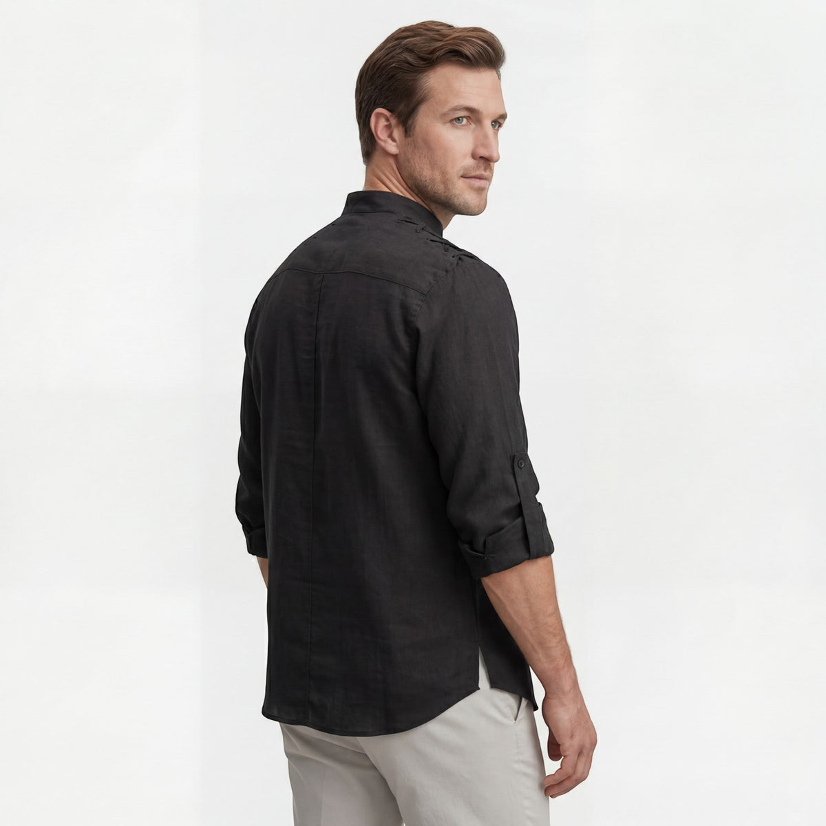 Men's linen stand-up collar lace-up shirt – Relaxed fit