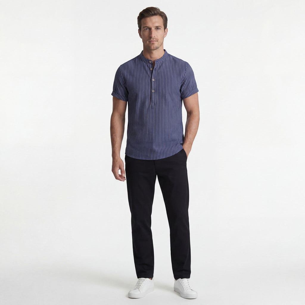 Men's short-sleeved linen shirt – Loose fit, striped