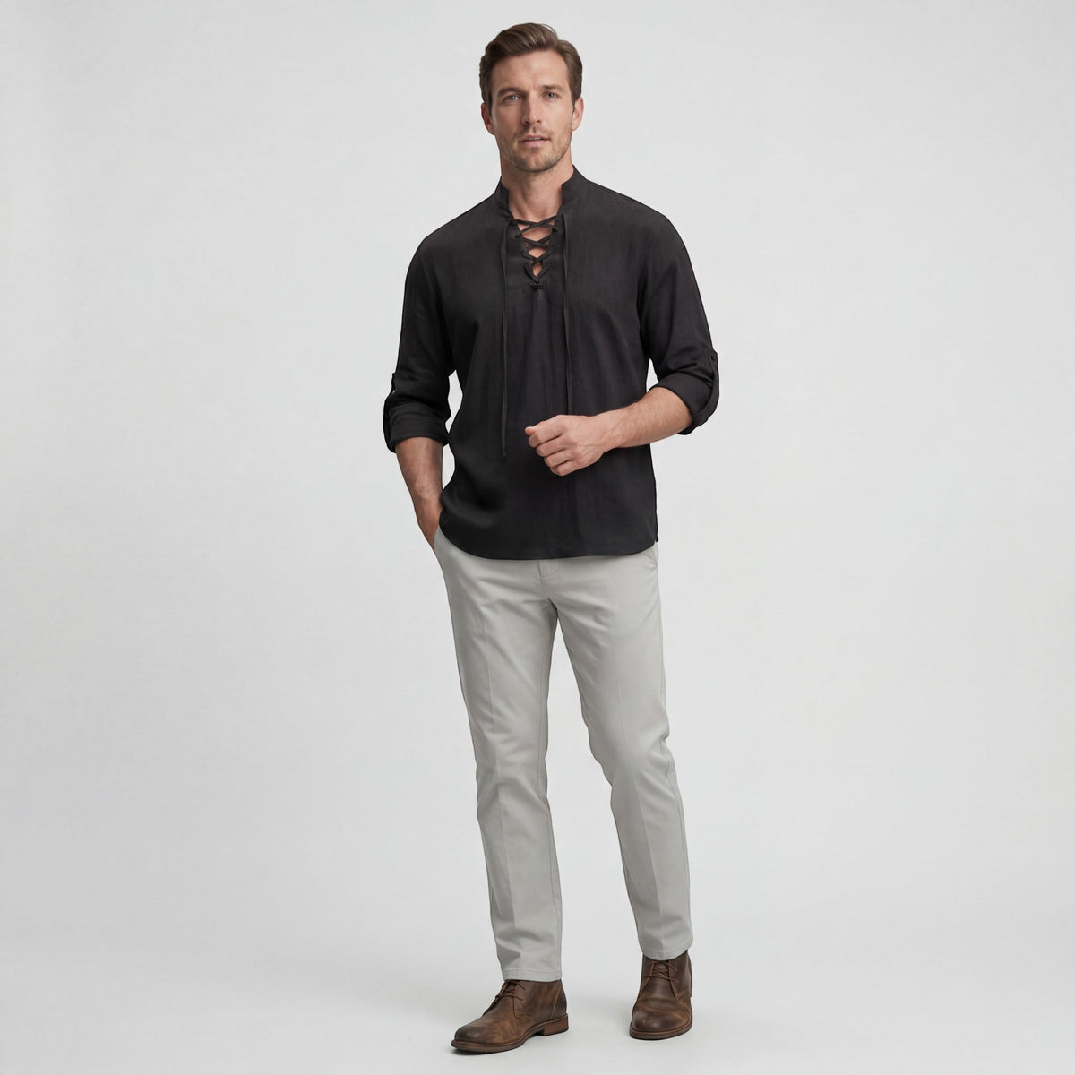 Men's linen stand-up collar lace-up shirt – Relaxed fit