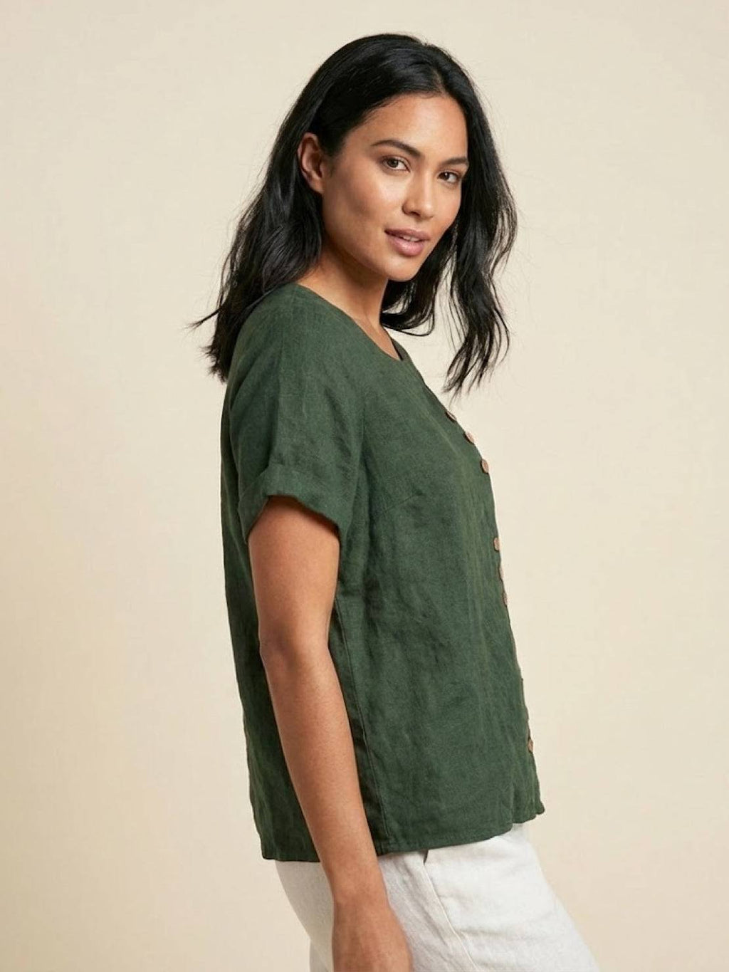 Women’s Casual Linen Blouse – Loose Fit with Asymmetric Buttons