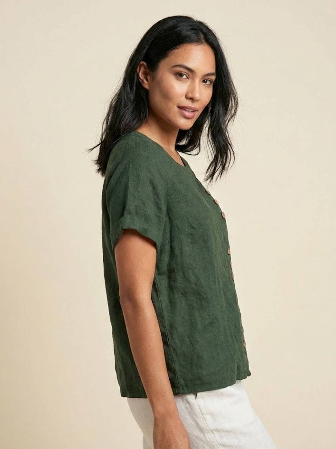 Women’s Casual Linen Blouse – Loose Fit with Asymmetric Buttons