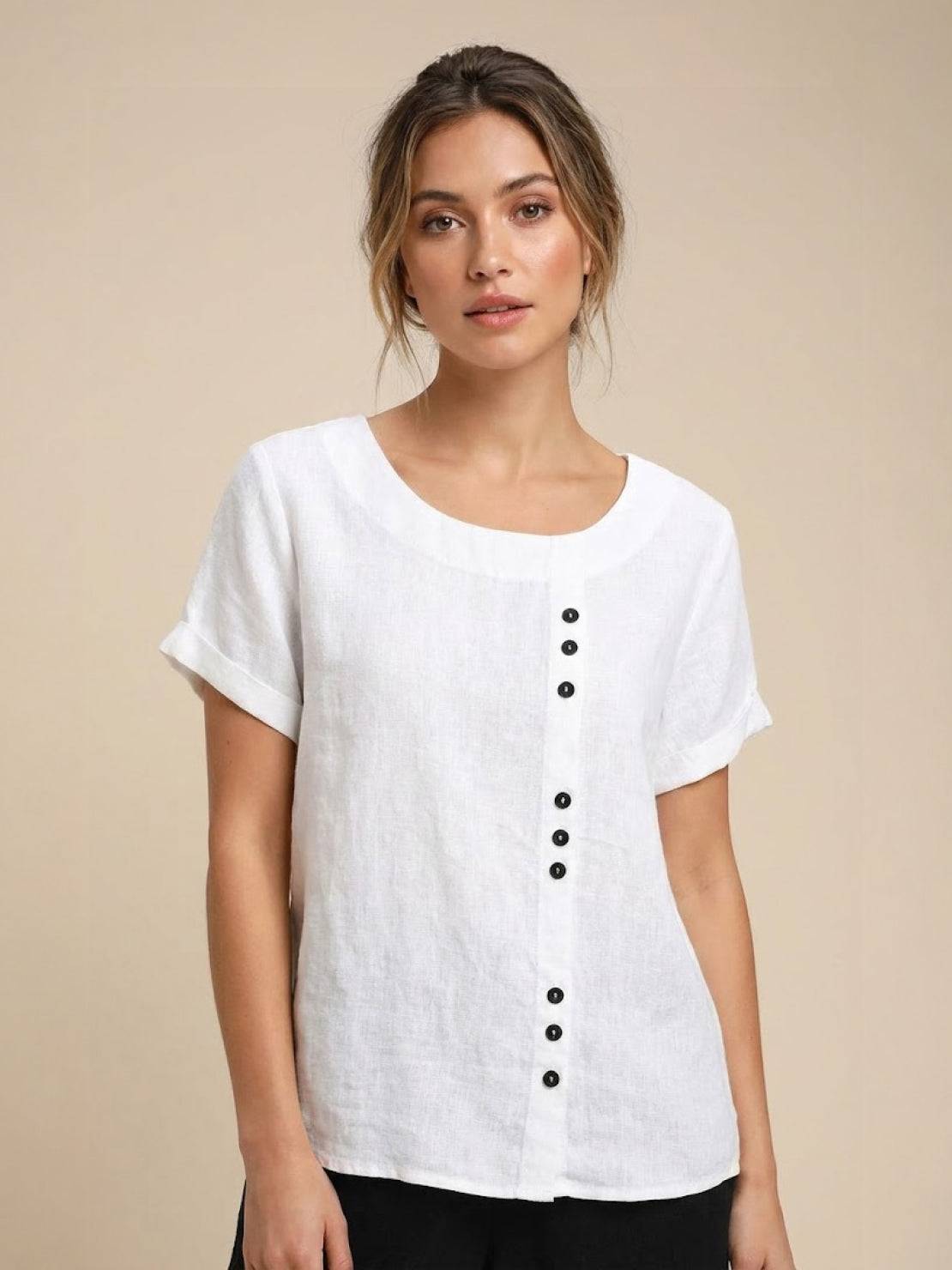 Women’s Casual Linen Blouse – Loose Fit with Asymmetric Buttons