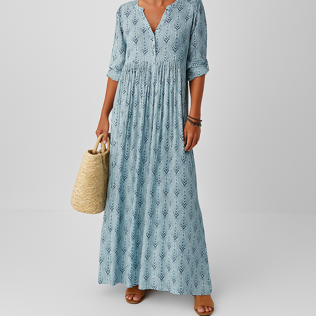 Women’s Bohemian V-Neck Maxi Dress – Loose Cut Mid-Length Sleeves Lightweight