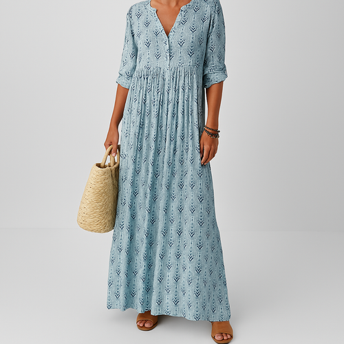 Women’s Bohemian V-Neck Maxi Dress – Loose Cut Mid-Length Sleeves Lightweight