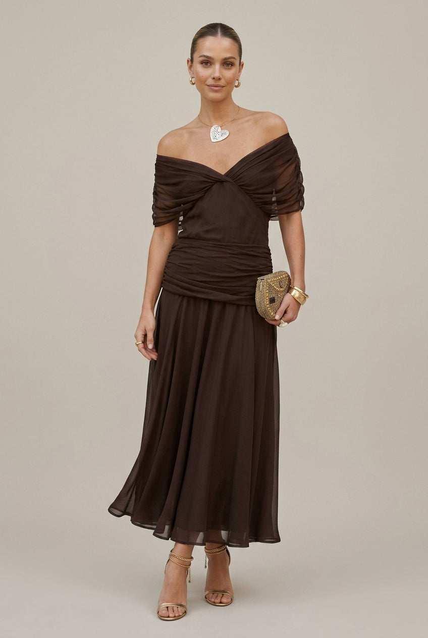 Women’s Chiffon Maxi Dress – Bare Shoulders, Ruched Waist, Fluid Cut