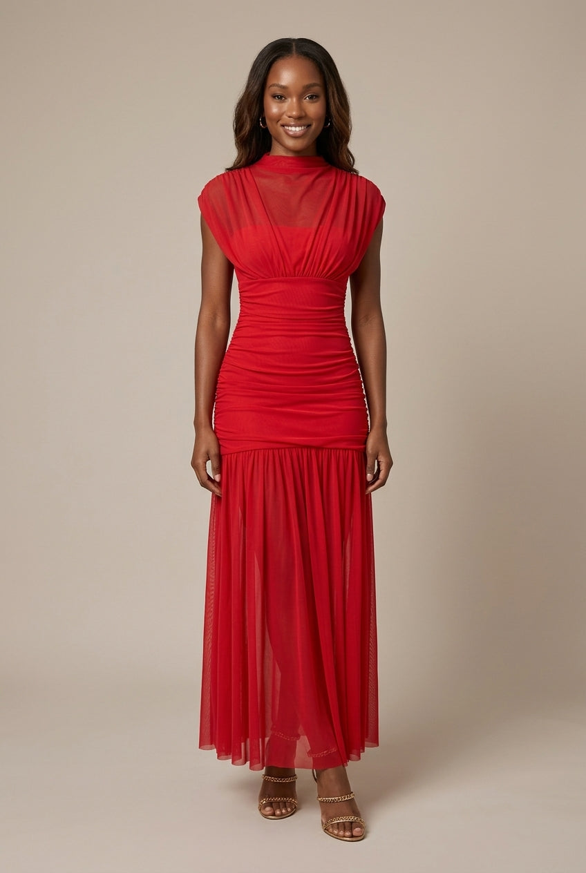Women’s Knitted Maxi Dress – High Neck, Close-Fitting Flared Cut