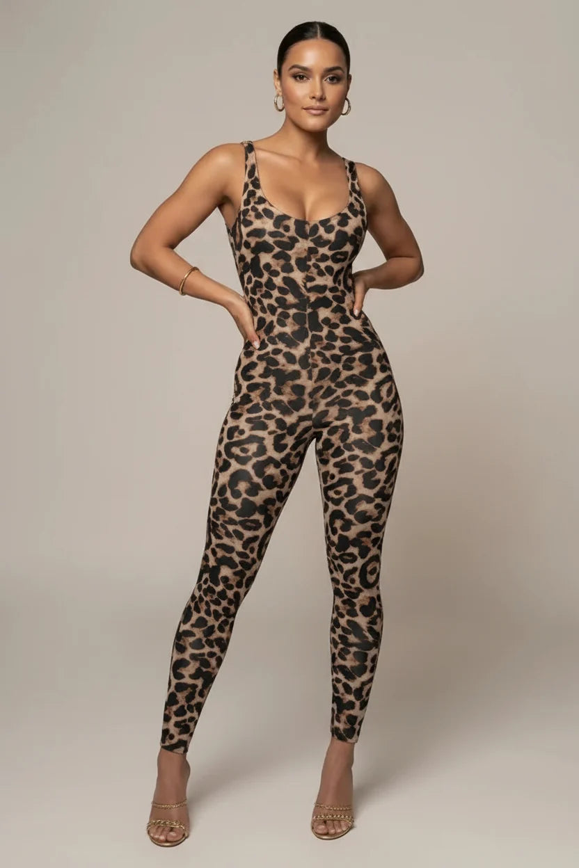 Women's Printed Jumpsuit - Square Neckline and Open Back