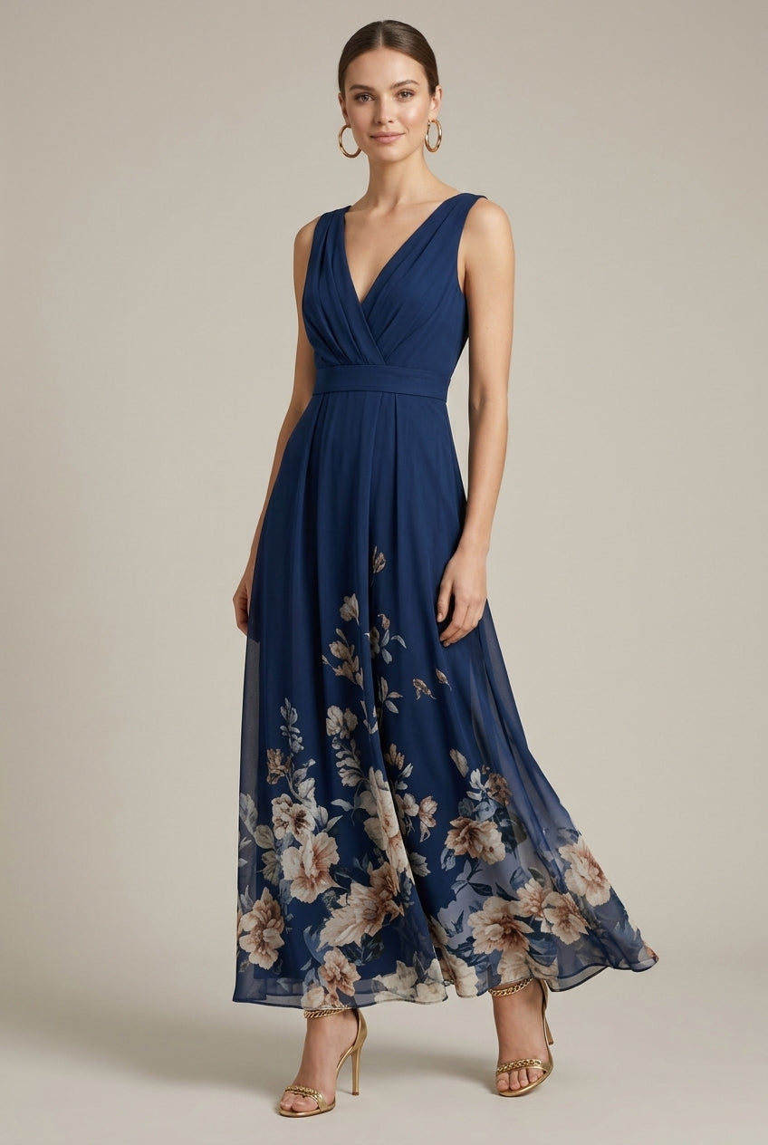 Women's Long Dress with Floral Print – Sleeveless V-Neck