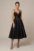 Women’s A-Line Midi Dress – V-Neck, Double Straps, Flared Skirt