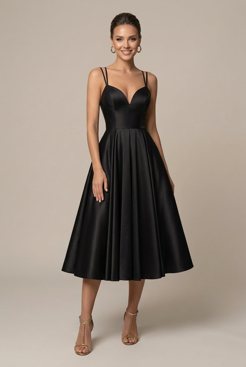 Women’s A-Line Midi Dress – V-Neck, Double Straps, Flared Skirt