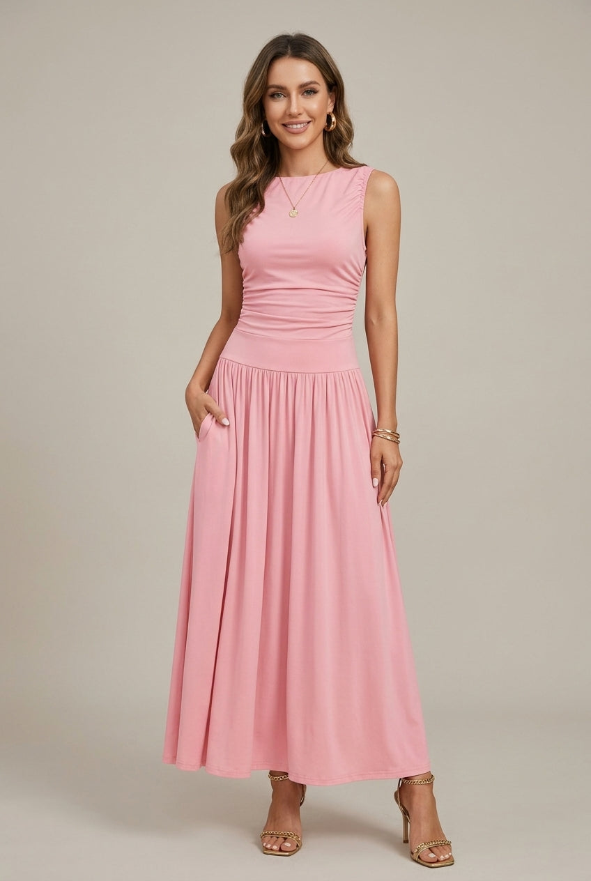 Women's Long Sleeveless Dress – Ruched Waist and Full Skirt