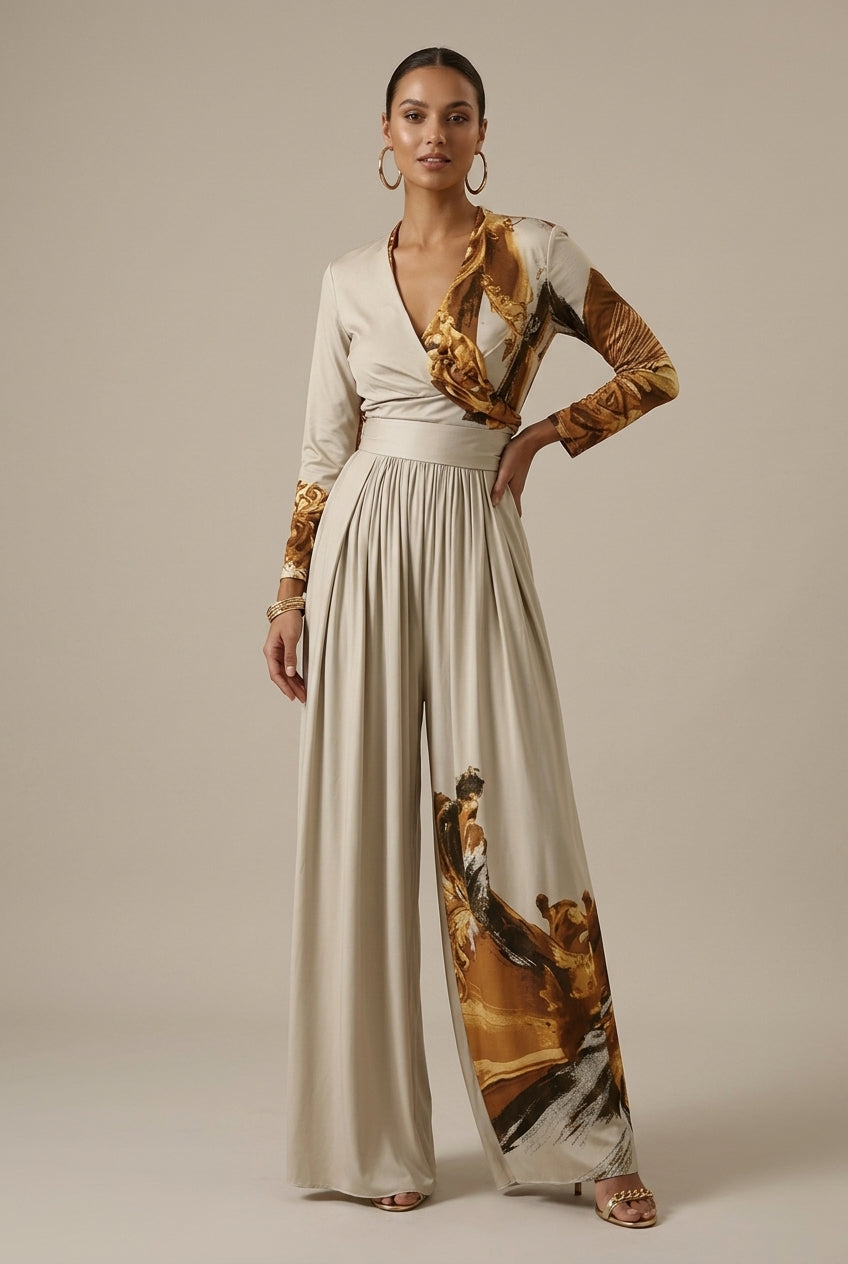 Women's Jumpsuit with Abstract Print – Wide Legs, V-Neck, Long Sleeves