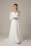 Women's Off-the-Shoulder Chiffon Maxi Dress – Pleated Puff Sleeves
