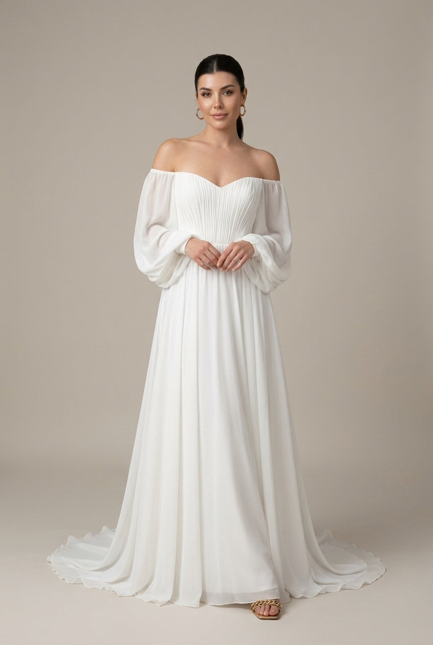 Women's Off-the-Shoulder Chiffon Maxi Dress – Pleated Puff Sleeves