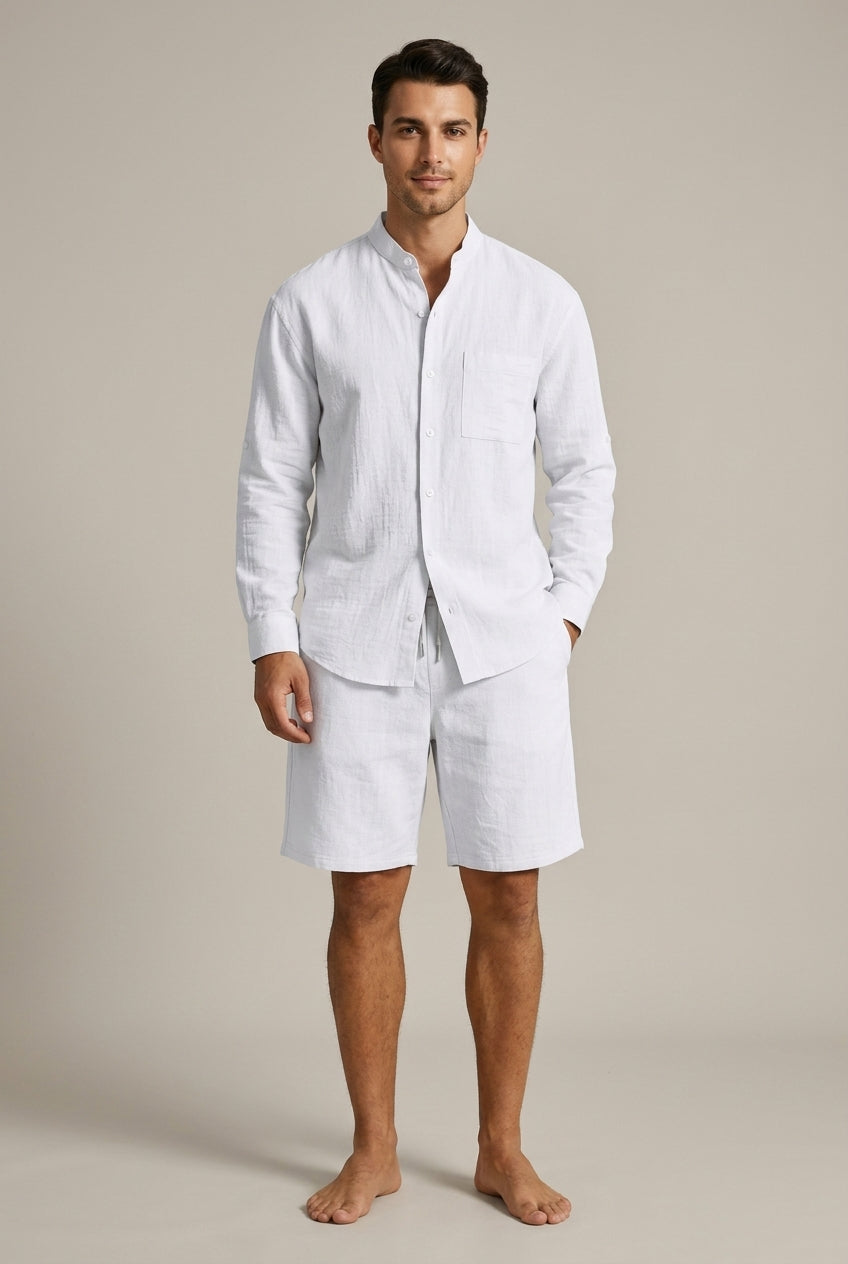 Men's Textured Linen Set – Mandarin Collar Shirt and Relaxed Fit Shorts