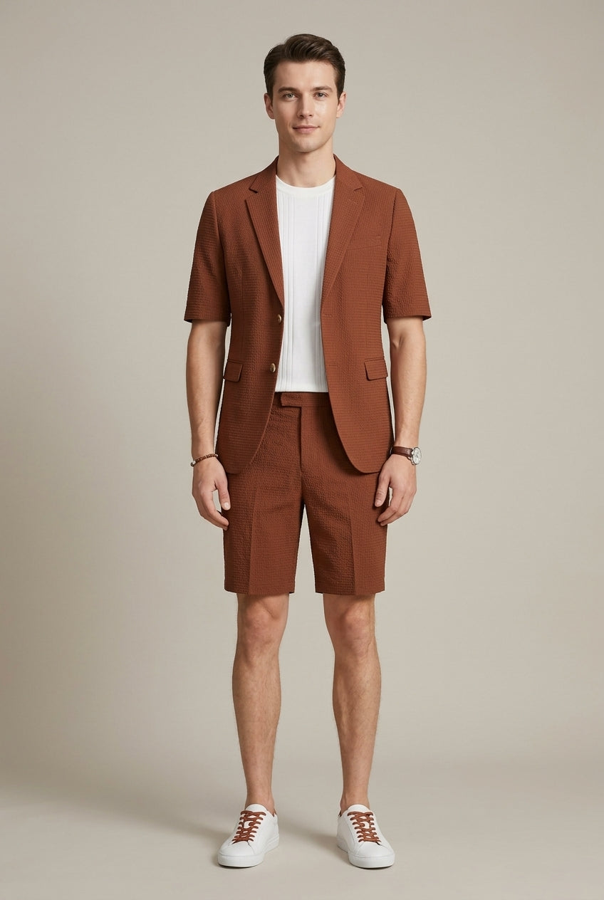 Men's Short Sleeve Blazer Set – Structured Woven Jacket and Shorts Duo