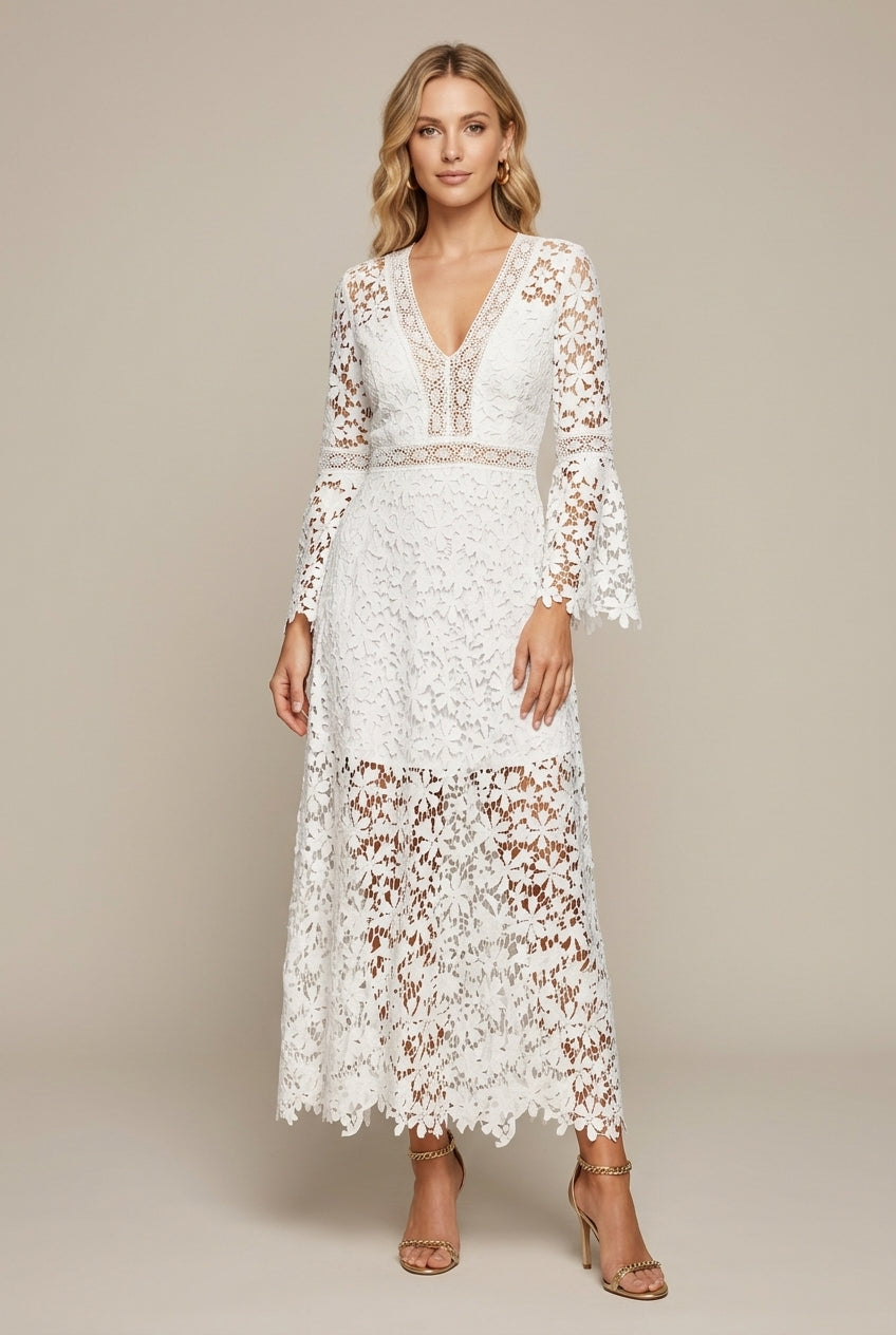 Women's Maxi Dress in Guipure Lace – V-Neck Long Sleeves