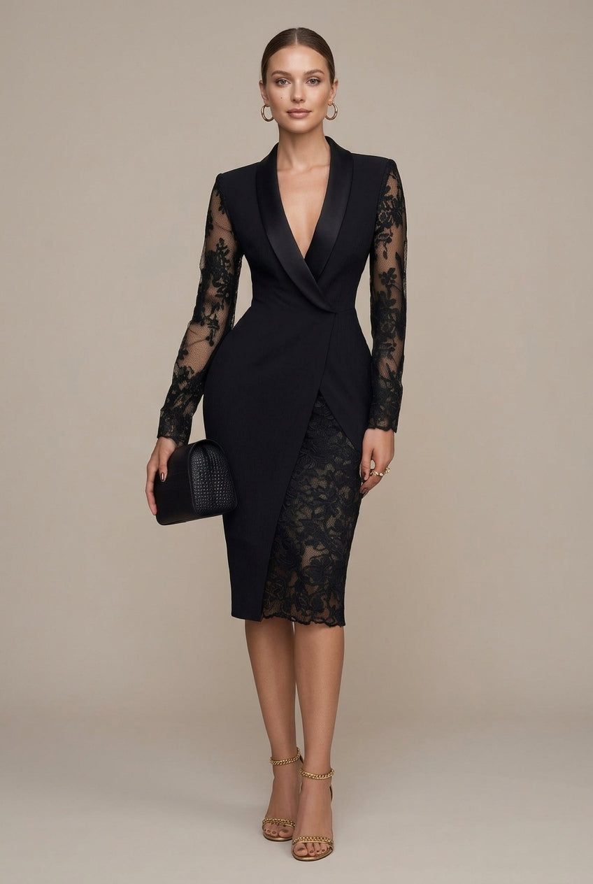 Women's Midi Blazer-Style Dress – Shawl Collar & Lace Sleeves