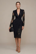 Women's Midi Blazer-Style Dress – Shawl Collar & Lace Sleeves