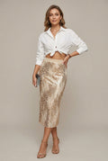Women's High-Waisted Midi Pencil Skirt with Sequins – Side Slit