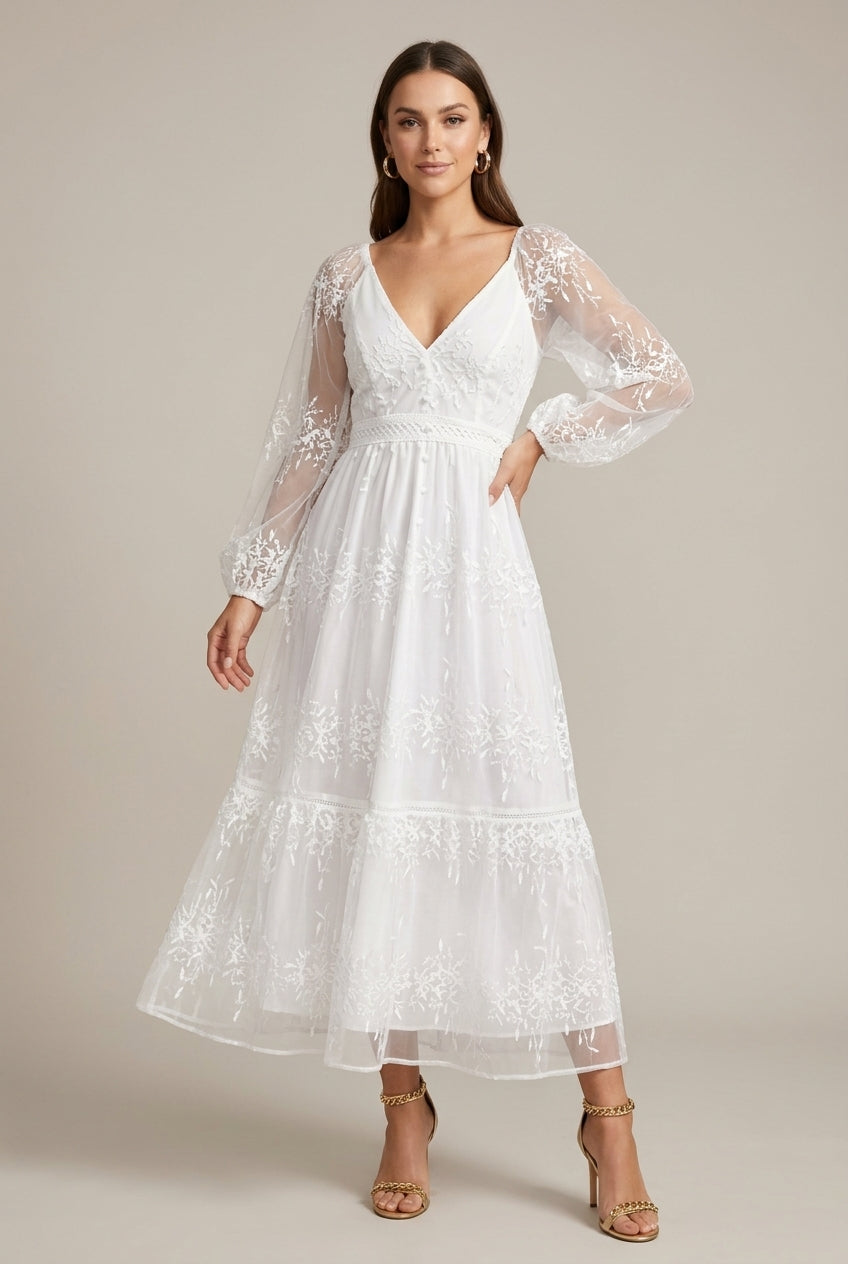 Women's Long Embroidered Lace Dress – V-Neck and Ruffled Skirt