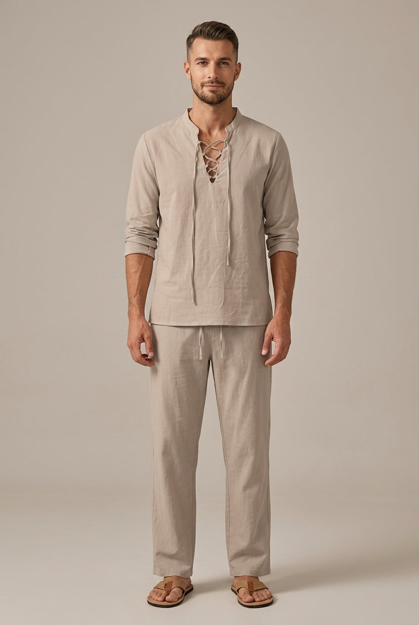 Men's Two-Piece Set Cotton Linen – Lace-Up V-Neck & Pants